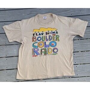 Vintage 1995 Boulder Colorado Flat Irons Graphic T-Shirt  2XL Anvil USA Made Tan